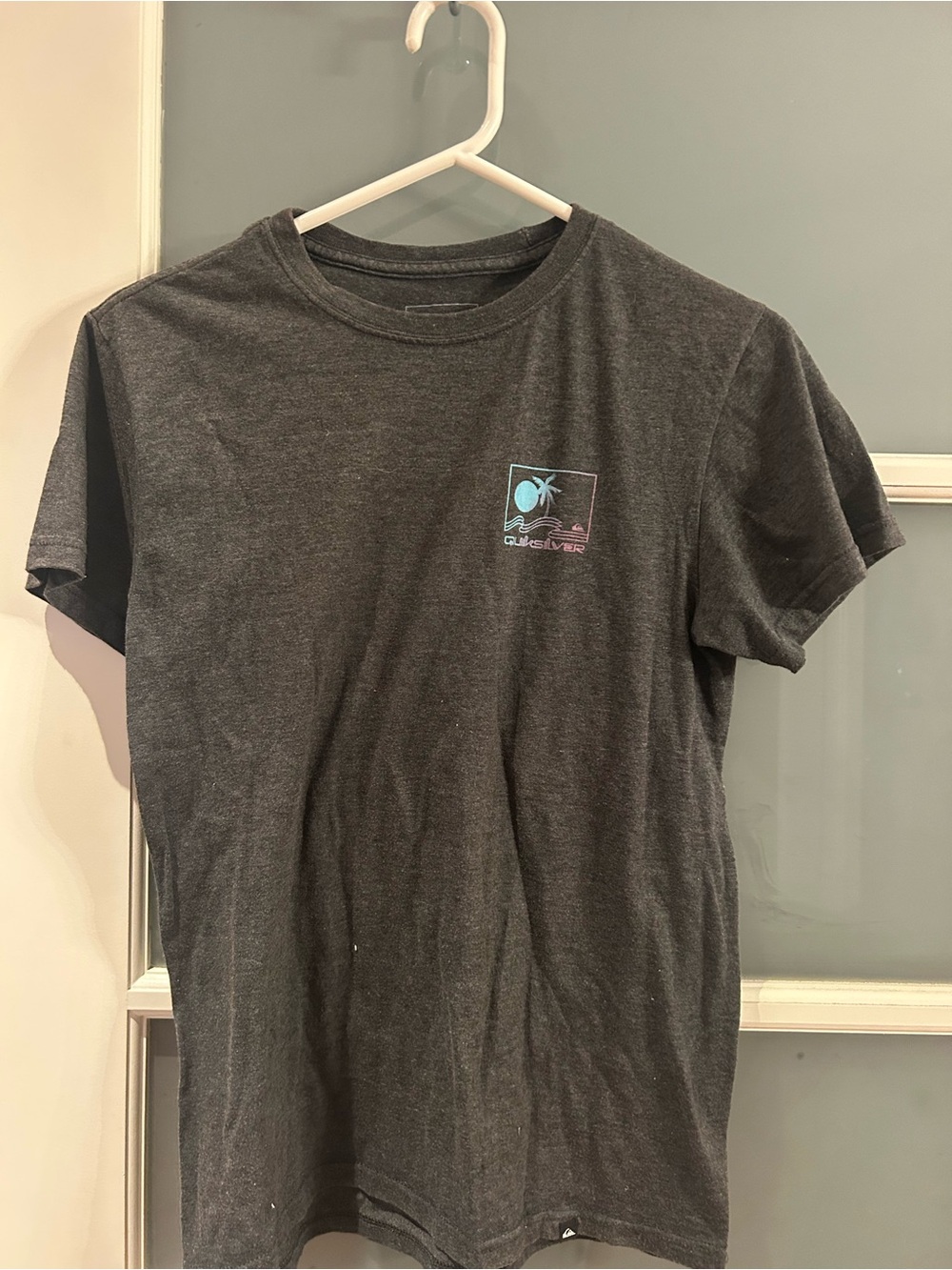 Quiksilver Charcoal Short Sleeve Tee with Turquoise & Pink Logo
